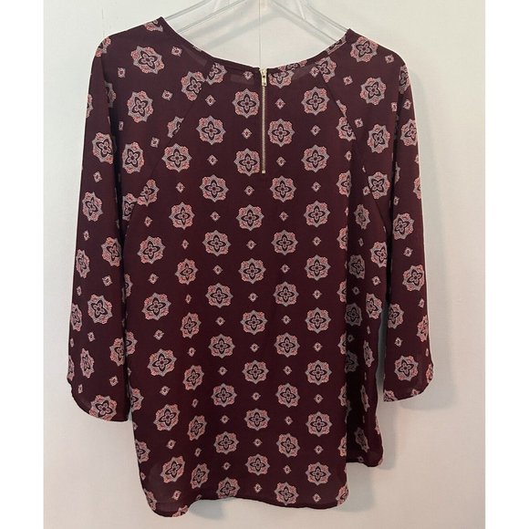Papermoon Size M Womens Blouse Larie Crew Neck Burgundy Print Loose Sleeves -NEW - Picture 2 of 8